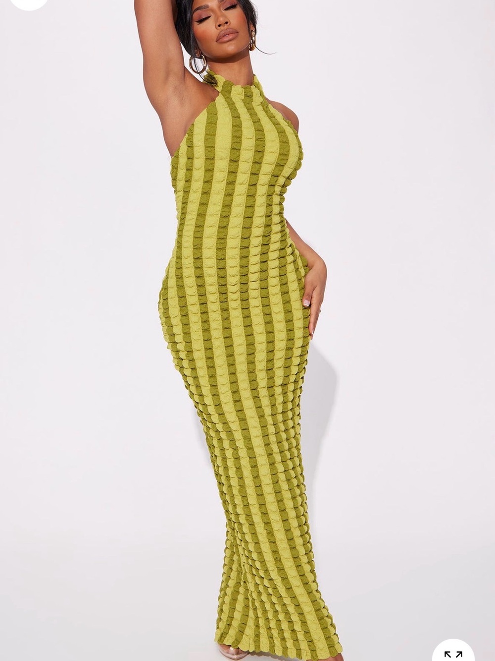 Fashion Nova Sculpted Stripe Halter Maxi Dress in Lime